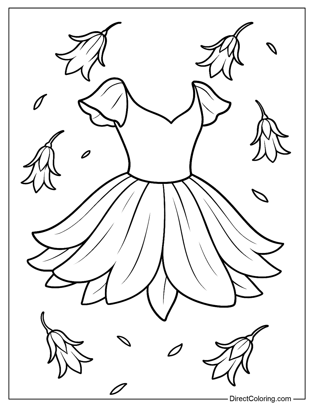 A bluebell-inspired ballerina dress coloring page, a light and flying short skirt, a playful and delicate style